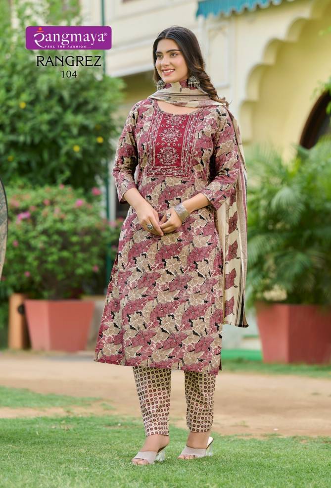 Rangrez By Rangmaya Printed Cotton Embroidery Kurti With Bottom Dupatta Wholesale Shop In Surat
